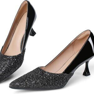 Women's Sequin Leather Pumps 2 Inch Kitten Heels Slip On for Wedding Party Dress